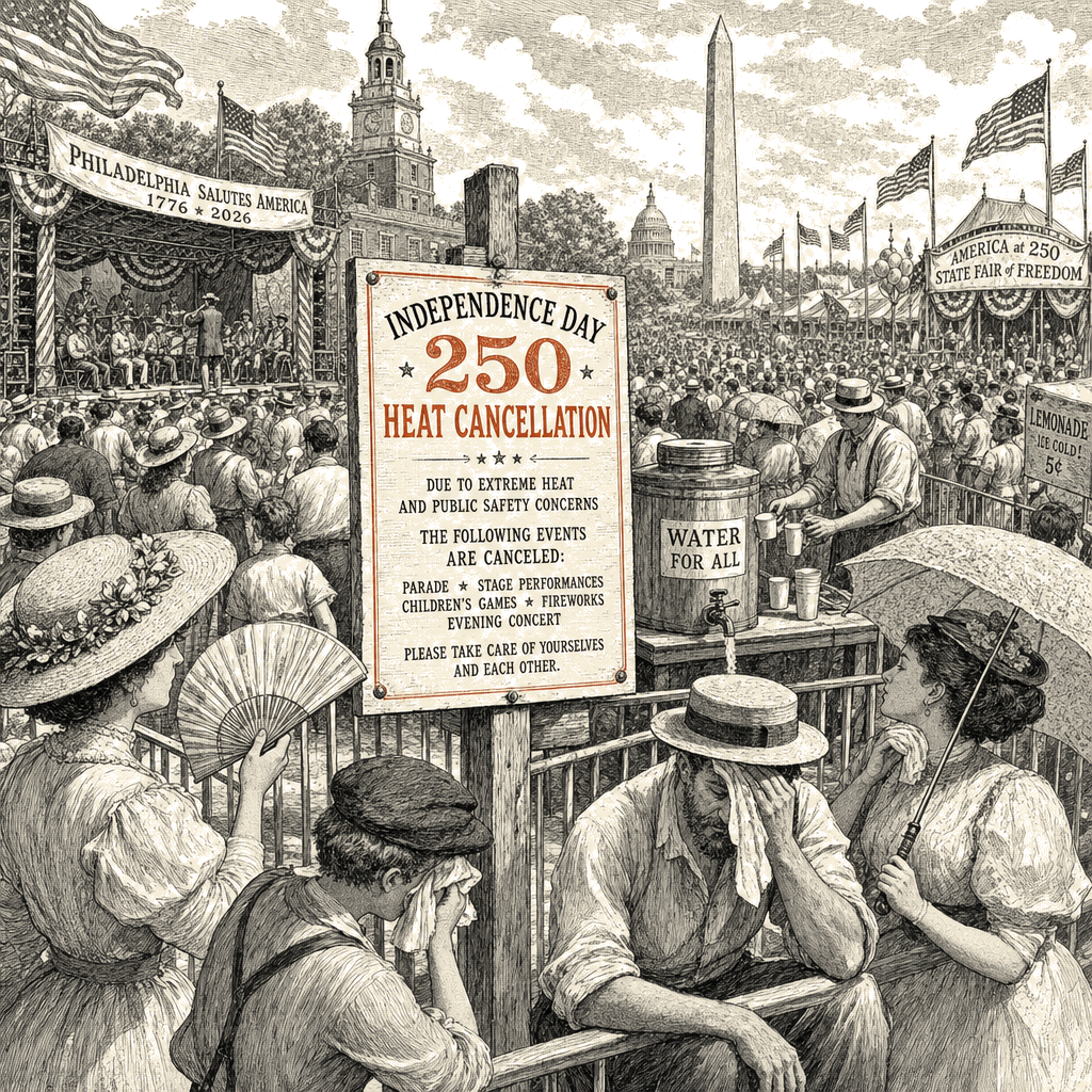 Illustration accompanying article: Nation marks 250th birthday with coast-to-coast celebrations, heat cancellations