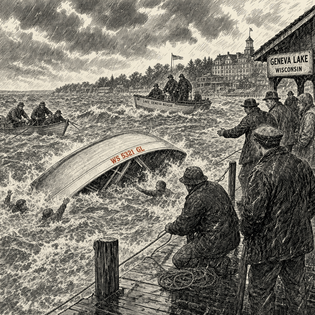 Illustration accompanying article: Storm sinks Geneva Lake boat; three children die