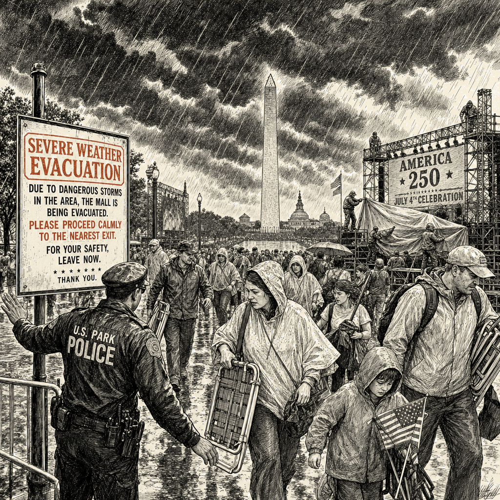 Illustration accompanying article: Storms force National Mall evacuation hours before Trump's July 4 speech