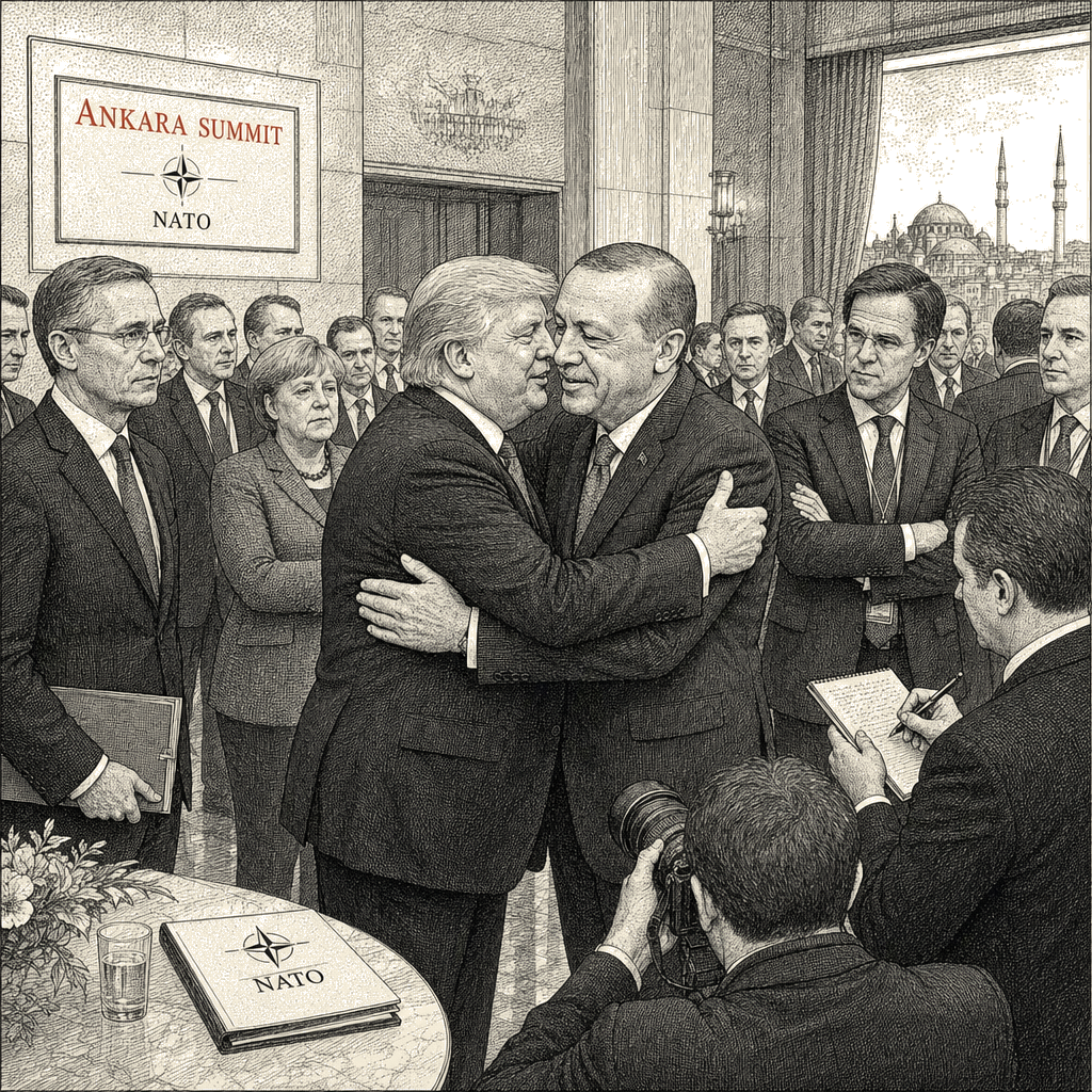 Illustration accompanying article: Trump's embrace of Erdogan quiets NATO criticism before summit