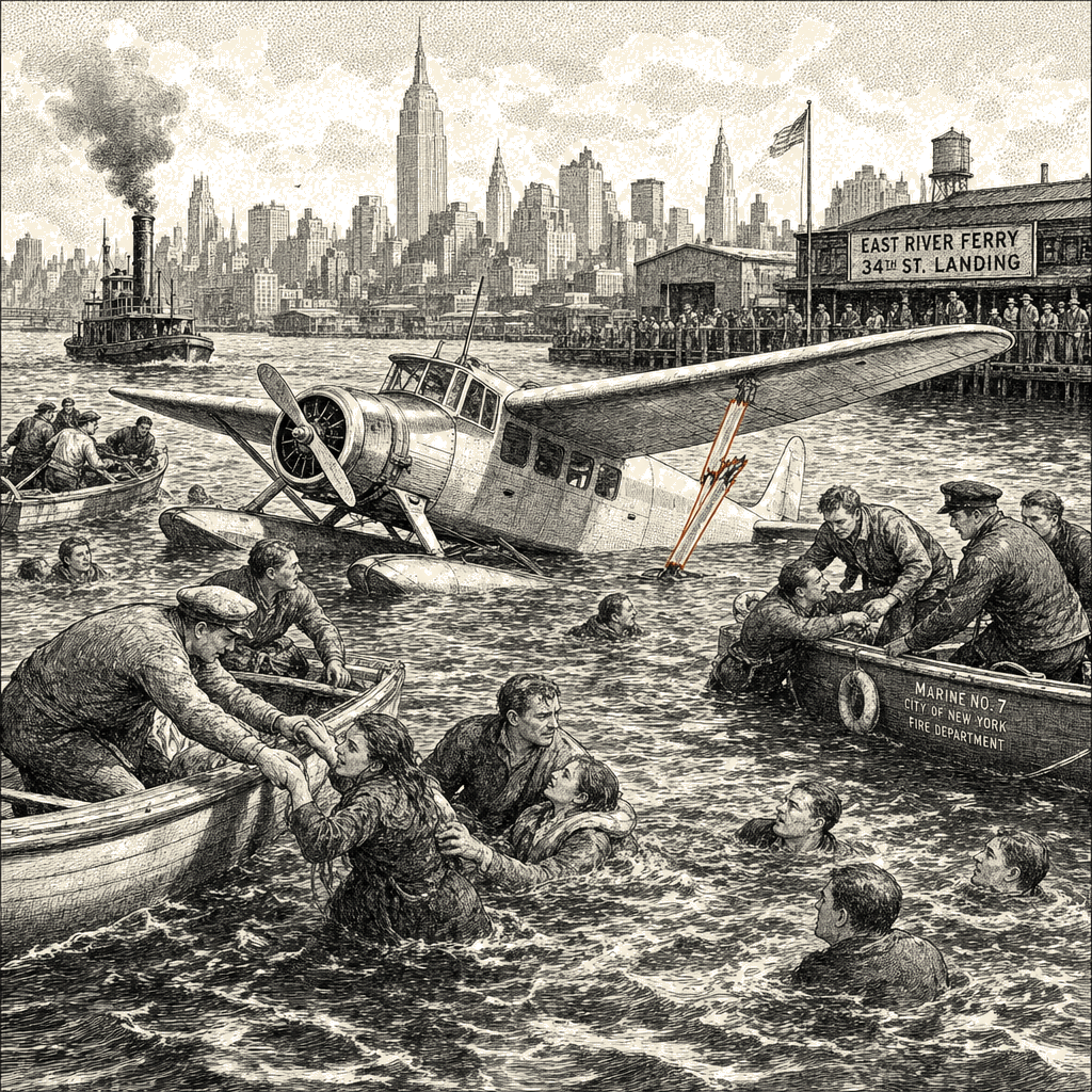 Illustration accompanying article: Hard landing snaps wing strut in East River seaplane, FAA says