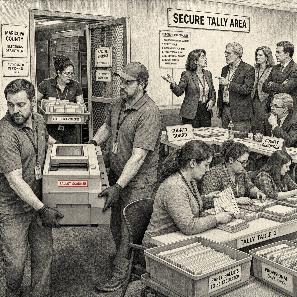 Illustration accompanying article: Maricopa County board and recorder clash over ballot scanner removal
