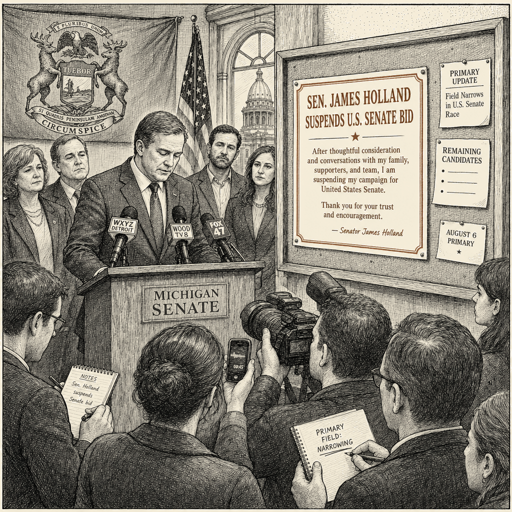 Illustration accompanying article: McMorrow suspends Michigan Senate bid, narrowing primary field