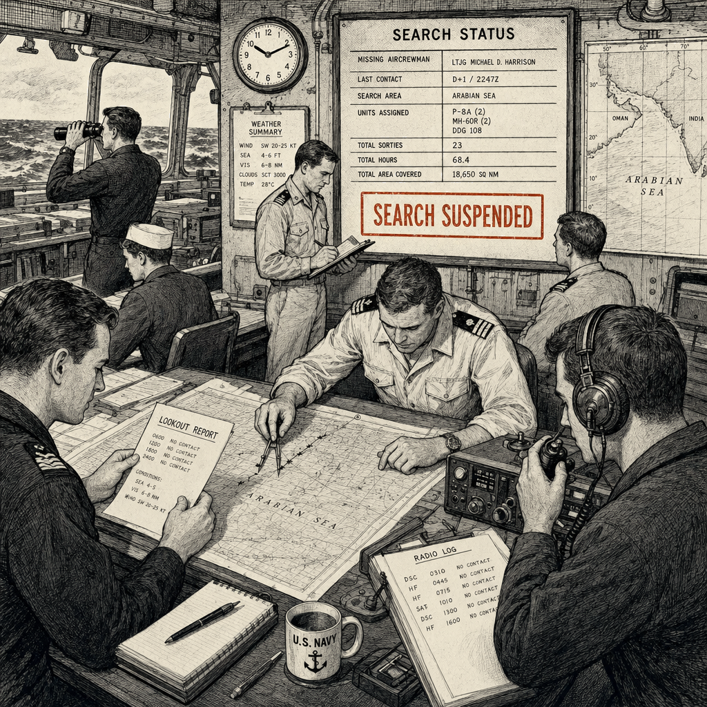Illustration accompanying article: Navy suspends search for missing aircrewman in Arabian Sea