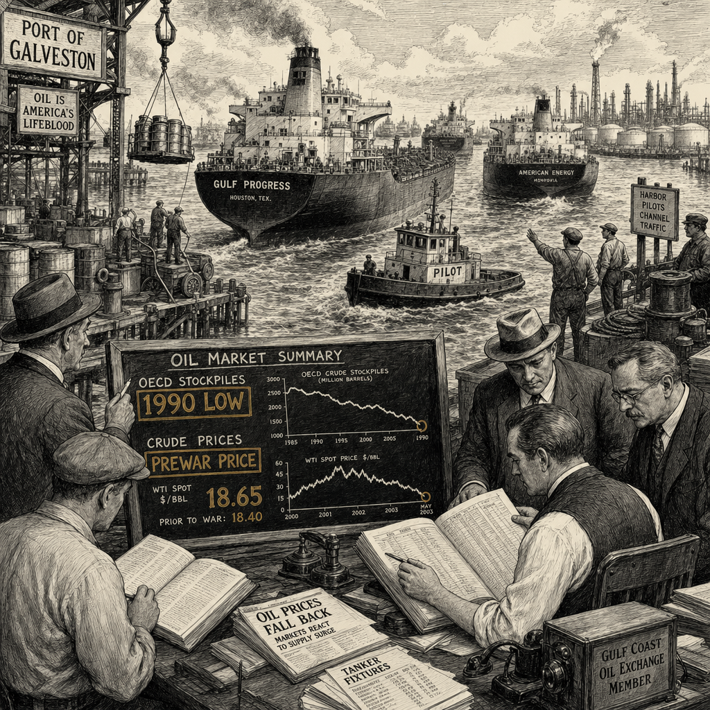 Illustration accompanying article: OECD crude stockpiles sink to 1990 low as tanker traffic recovers