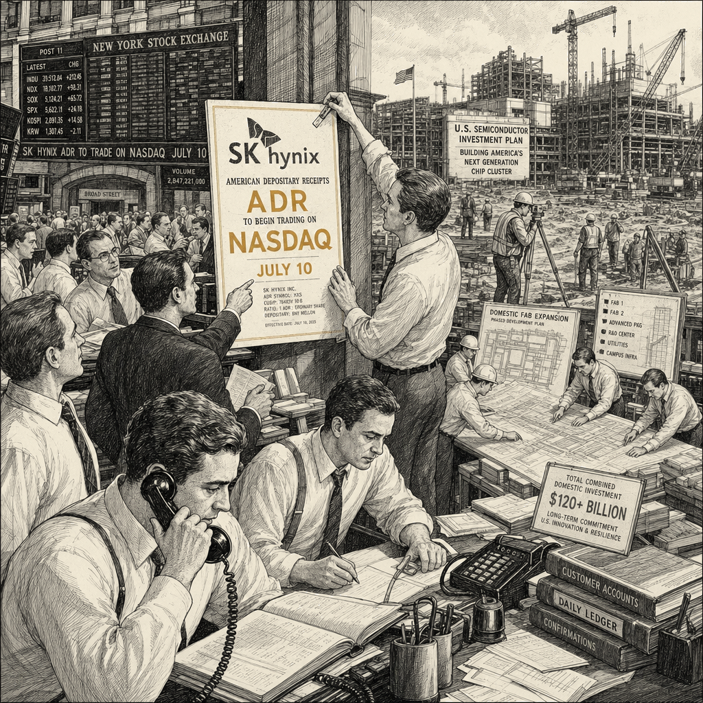 Illustration accompanying article: SK Hynix to begin U.S. stock trading as chipmakers weigh competing investment demands