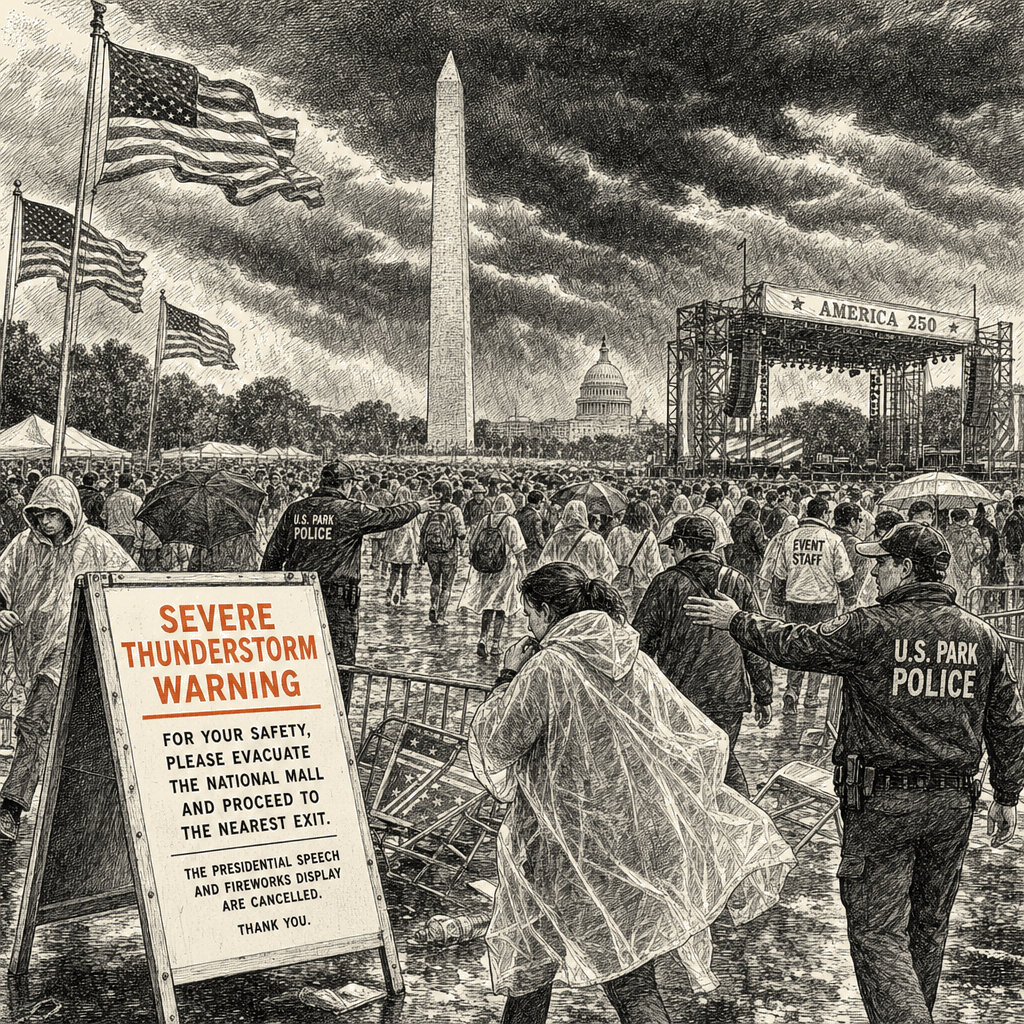 Illustration accompanying article: Thunderstorms force evacuation of National Mall before Trump speech