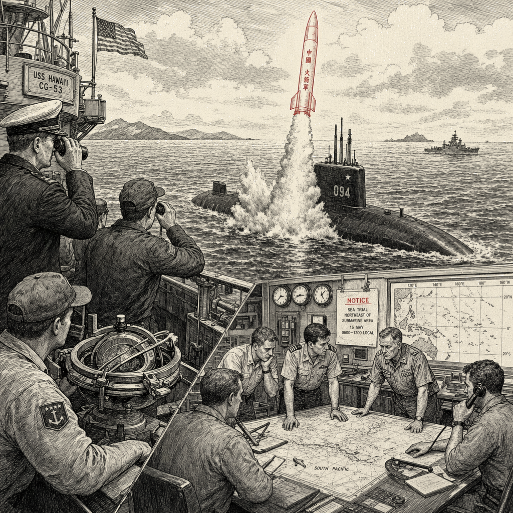 Illustration accompanying article: China test-launches long-range ballistic missile from submarine, drawing condemnation…