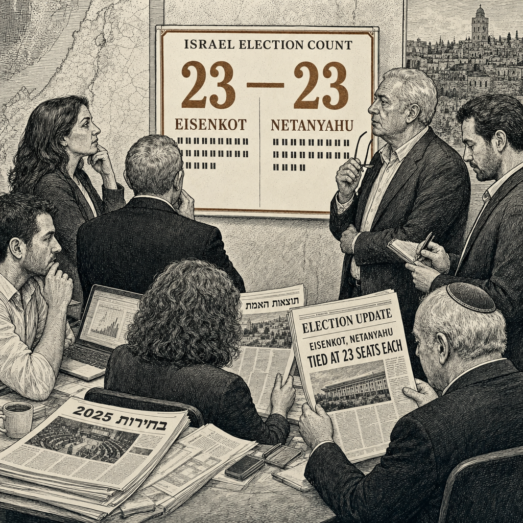 Illustration accompanying article: Israeli Poll Shows Eisenkot and Netanyahu Tied at 23 Seats Each