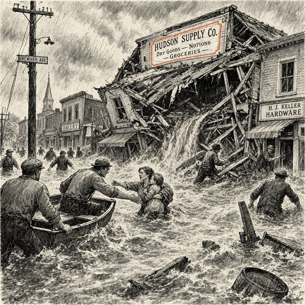 Illustration accompanying article: New Jersey store roof collapses as floodwaters break heat wave