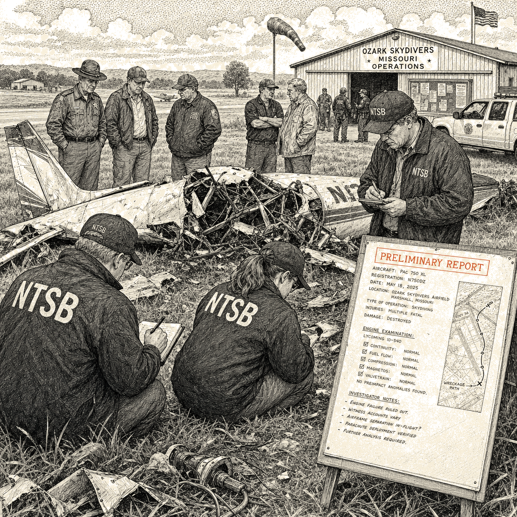 Illustration accompanying article: NTSB says full Butler skydiving crash report months away after ruling out engine failure