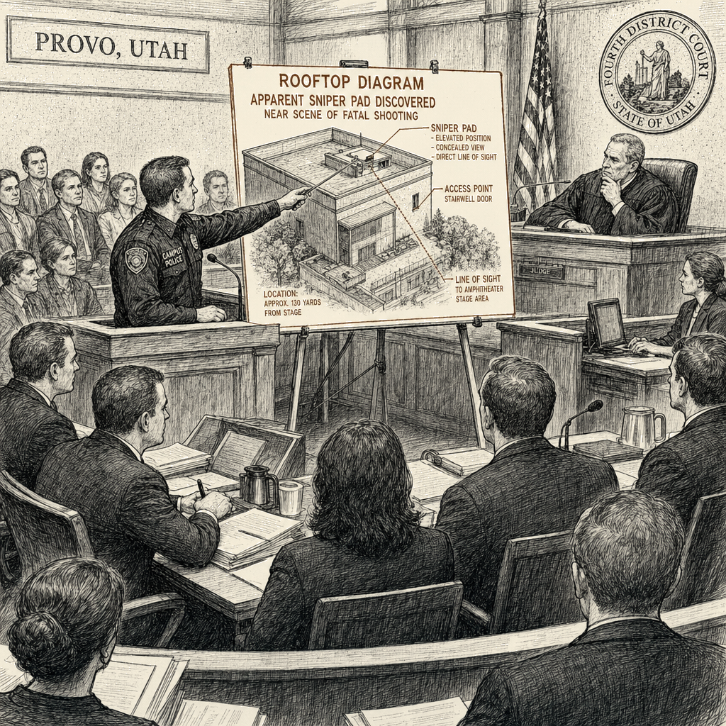 Illustration accompanying article: Prosecutors present evidence in Charlie Kirk murder hearing