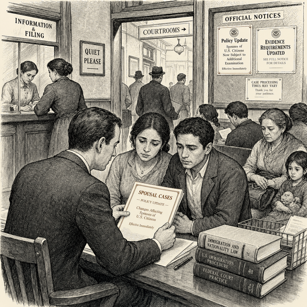 Illustration accompanying article: Trump administration immigration changes reach spouses of U.S. citizens, lawyers say