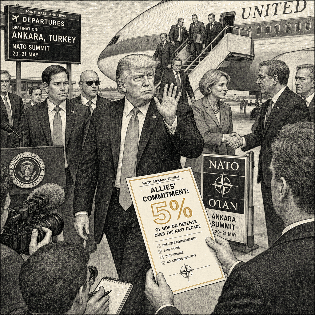 Illustration accompanying article: Trump heads to Ankara summit to enforce NATO spending pledges