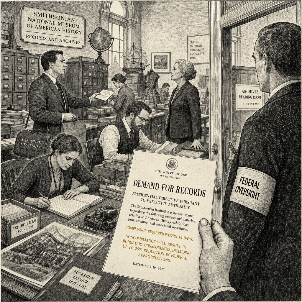 Illustration accompanying article: White House report demands Smithsonian records, threatens budget cuts