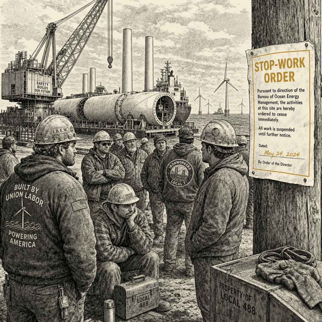 Illustration accompanying article: Wind project workers say Trump's stop-work orders cost them jobs