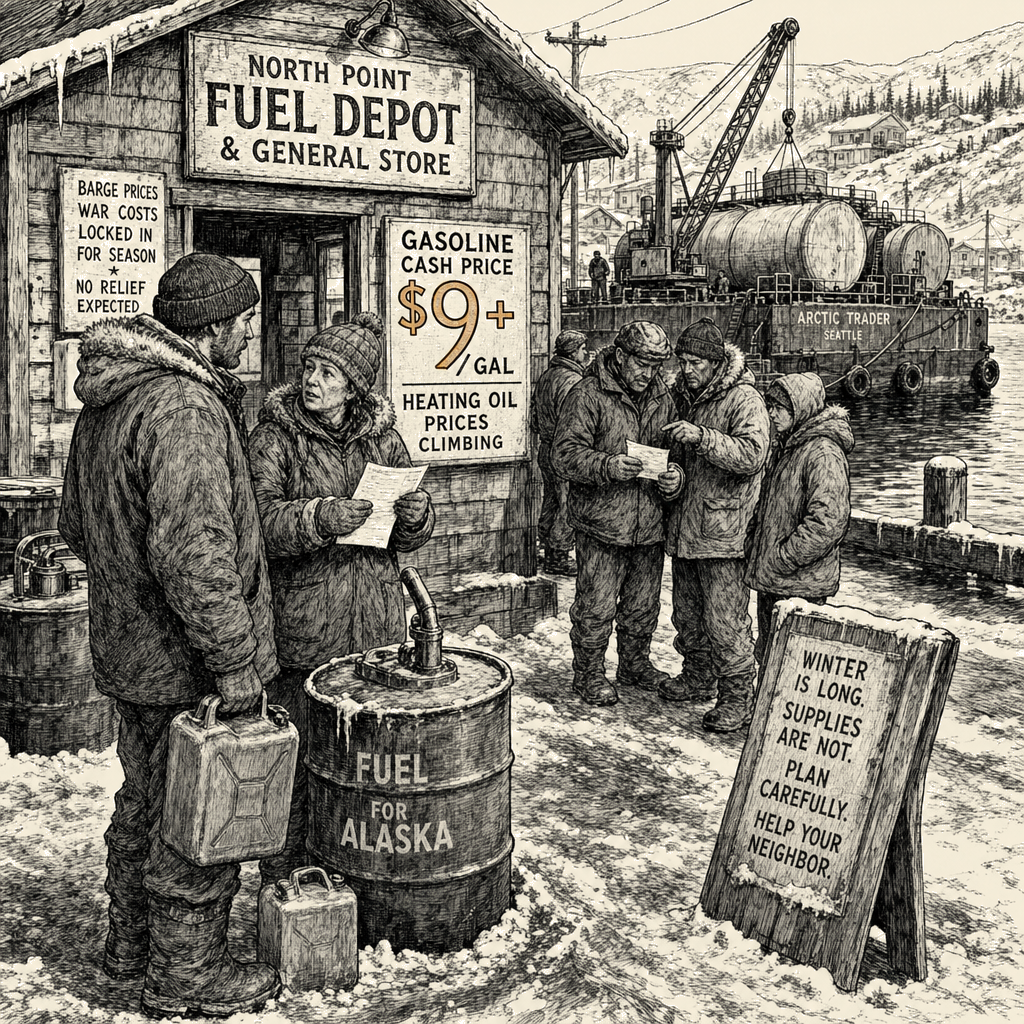 Illustration accompanying article: Alaska remote towns pay $9 gas after Iran war locks in barge prices