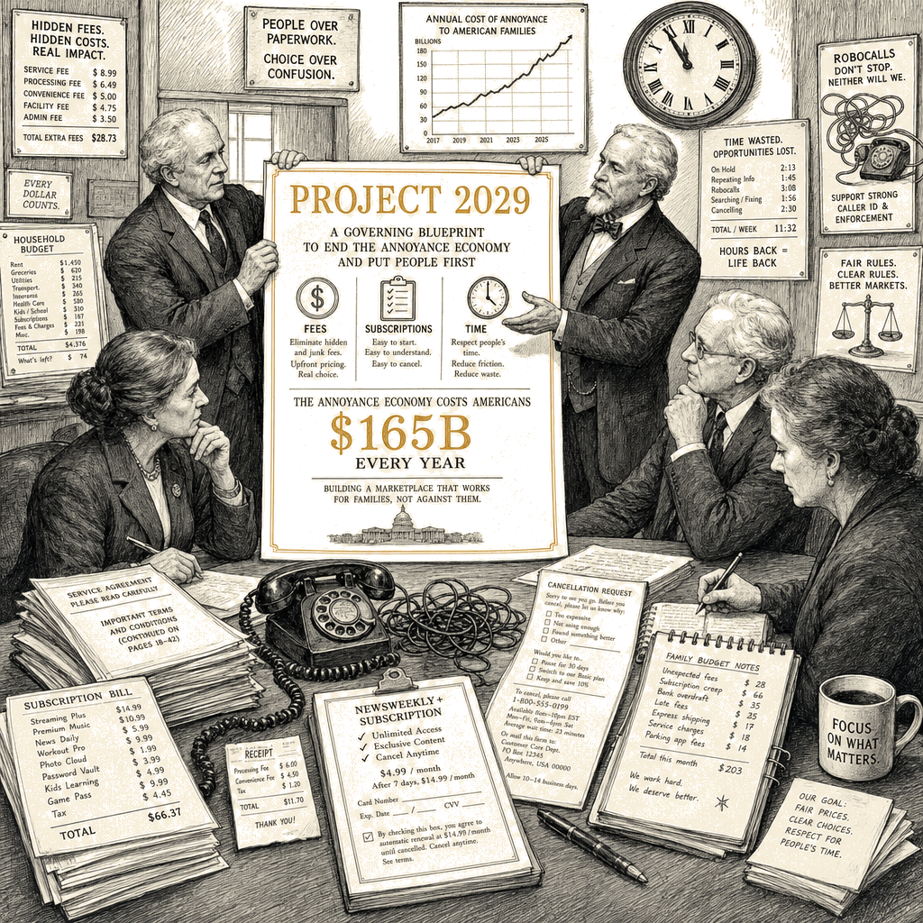 Illustration accompanying article: Democratic Project 2029 takes on 'annoyance economy' with consumer protections