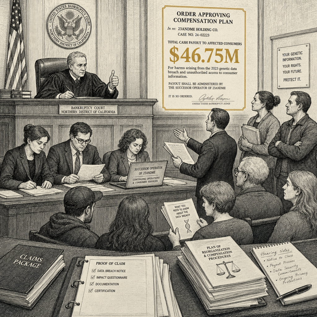 Illustration accompanying article: Judge approves $46.75M payout to victims of 23andMe data breach