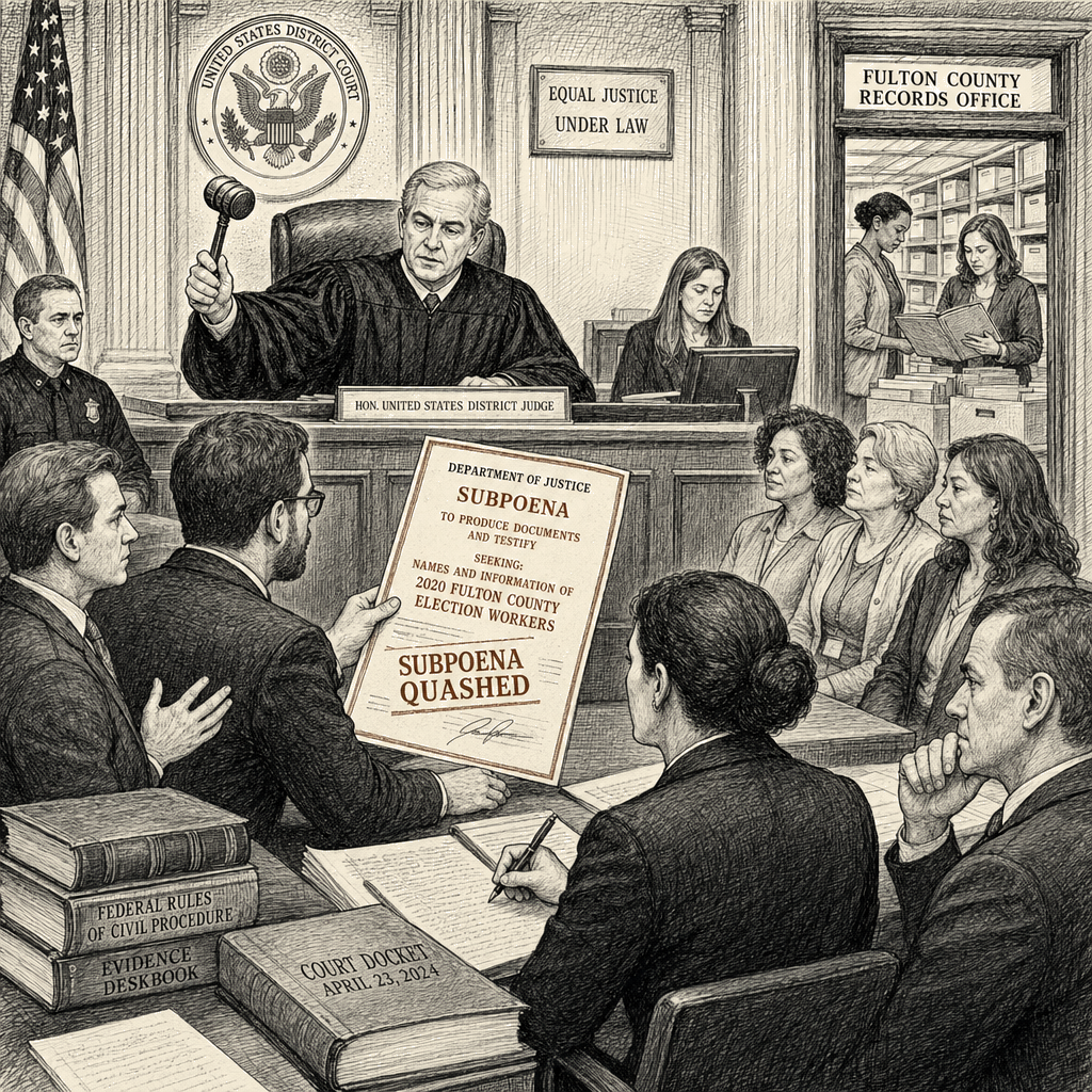 Illustration accompanying article: Judge quashes DOJ subpoena for 2020 Fulton County election workers' names
