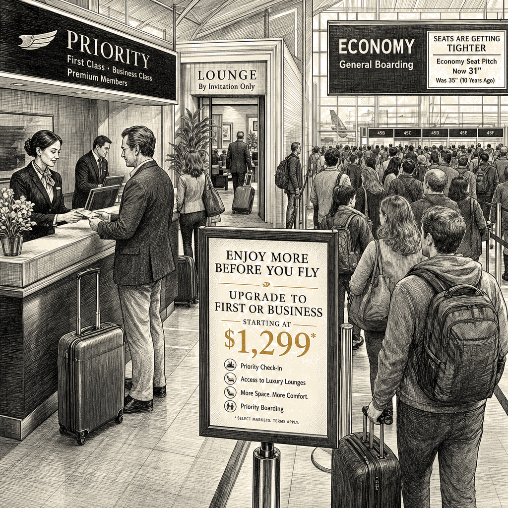 Illustration accompanying article: Largest U.S. airlines court premium passengers as economy gap widens