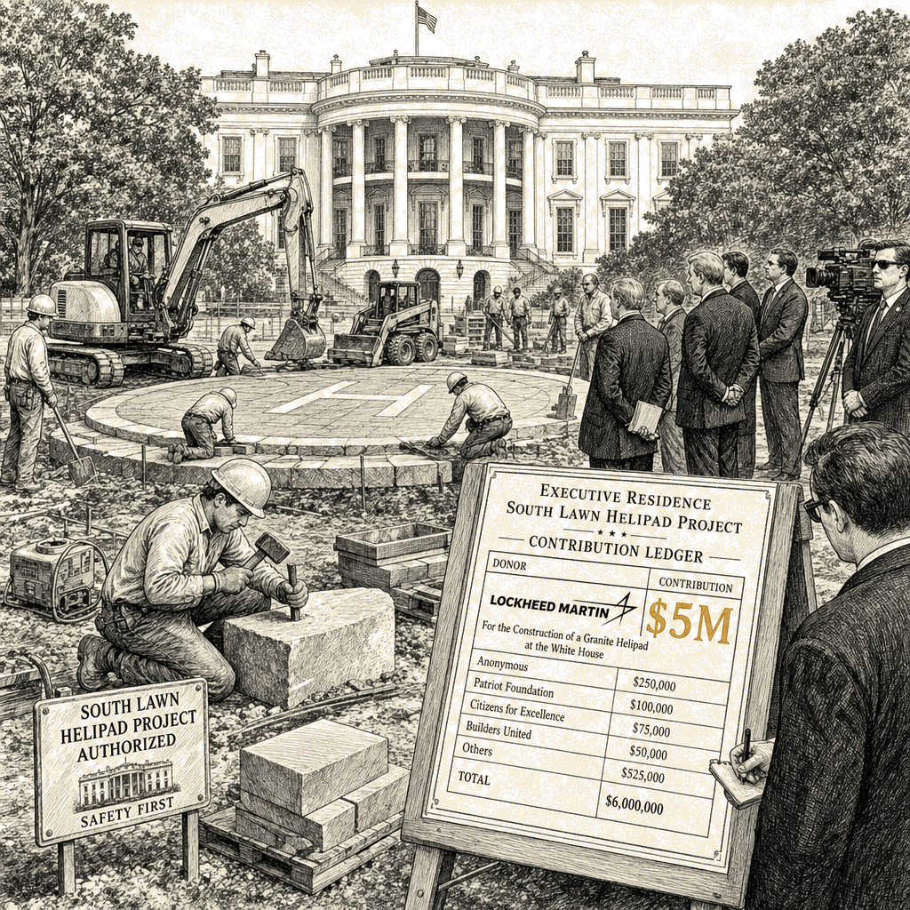 Illustration accompanying article: Lockheed Martin donates $5M for White House granite helipad