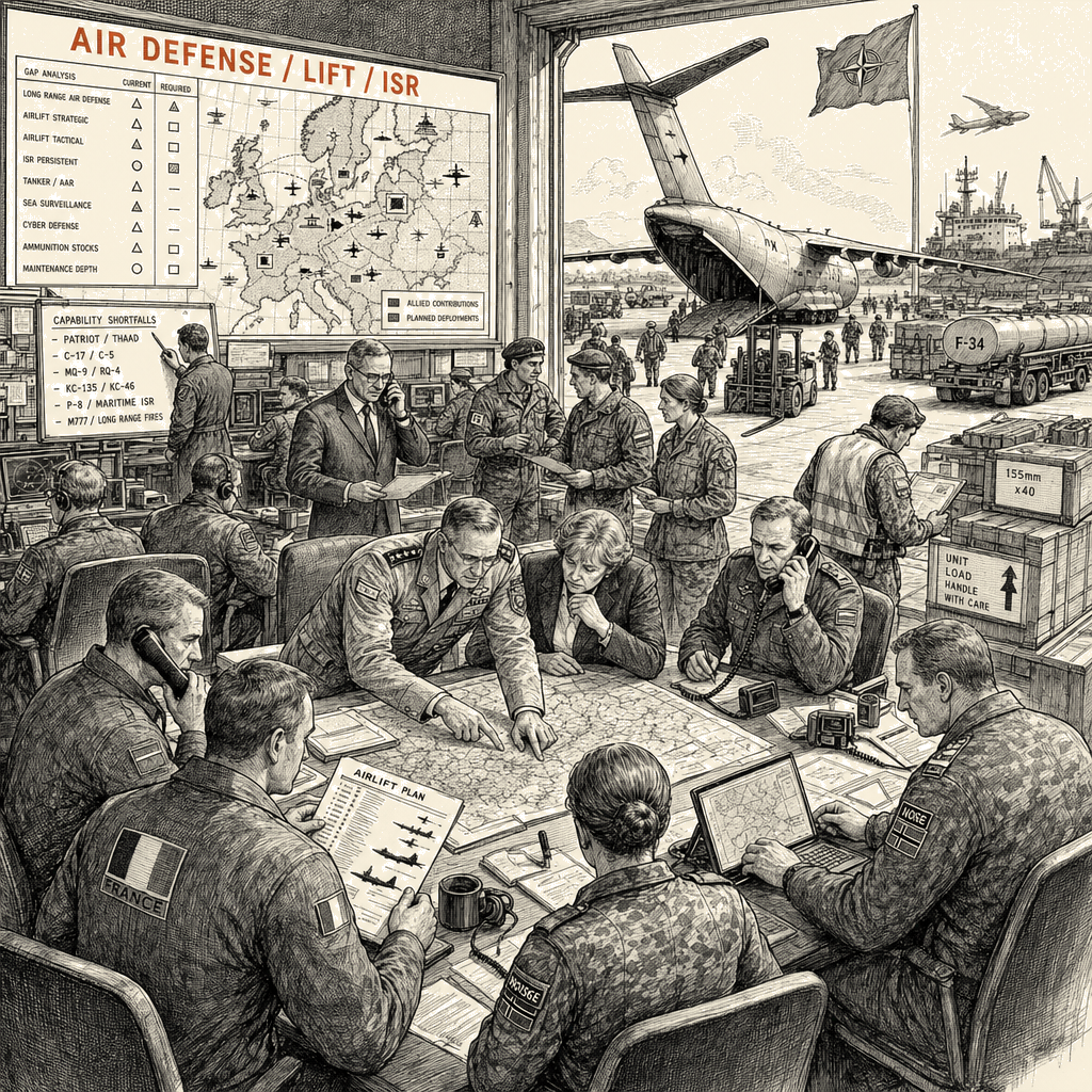 Illustration accompanying article: NATO allies race to replace withdrawn U.S. military capabilities