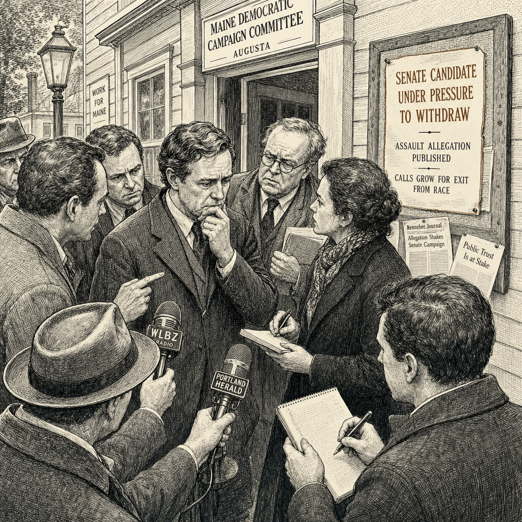 Illustration accompanying article: Platner faces mounting calls to withdraw from Maine Senate race after assault allegation