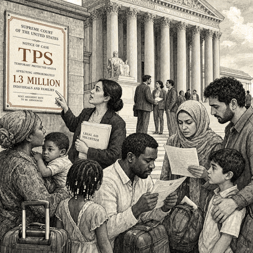 Illustration accompanying article: Supreme Court TPS ruling puts 1.3 million immigrants at risk of deportation