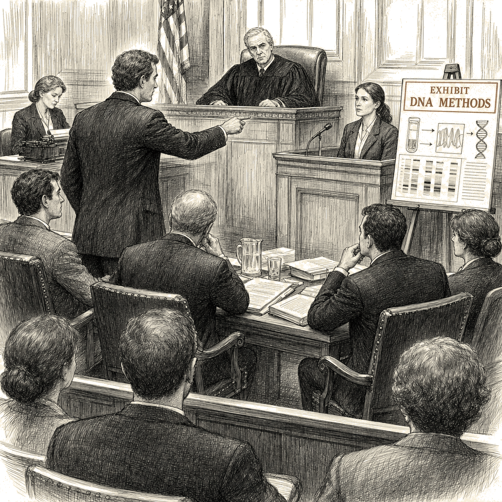 Illustration accompanying article: Defense lawyer questions FBI DNA analyst's methods in Kirk killing case