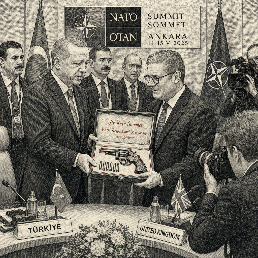 Illustration accompanying article: Erdogan gifts Starmer personalized revolver with live ammunition