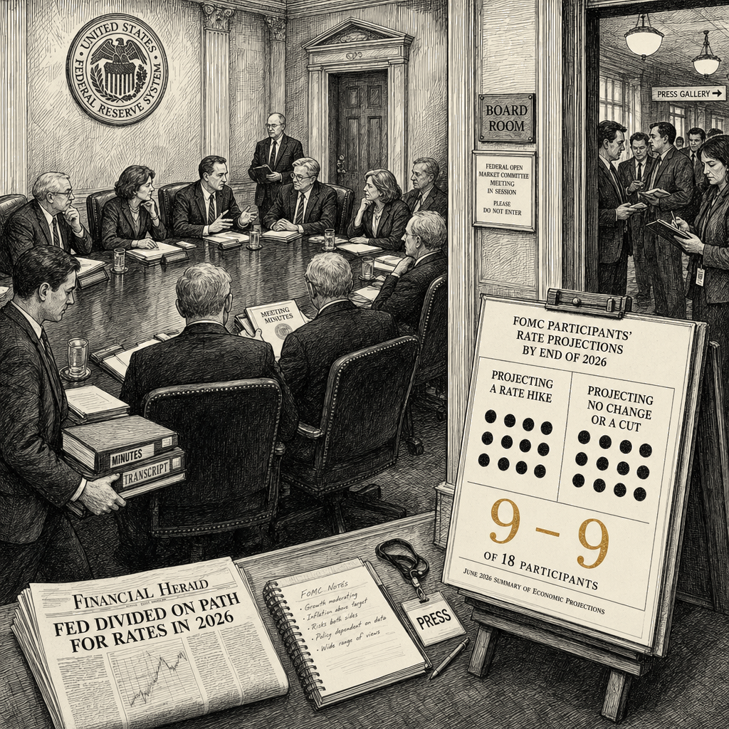 Illustration accompanying article: Fed policymakers split 9-9 on whether rates will rise this year