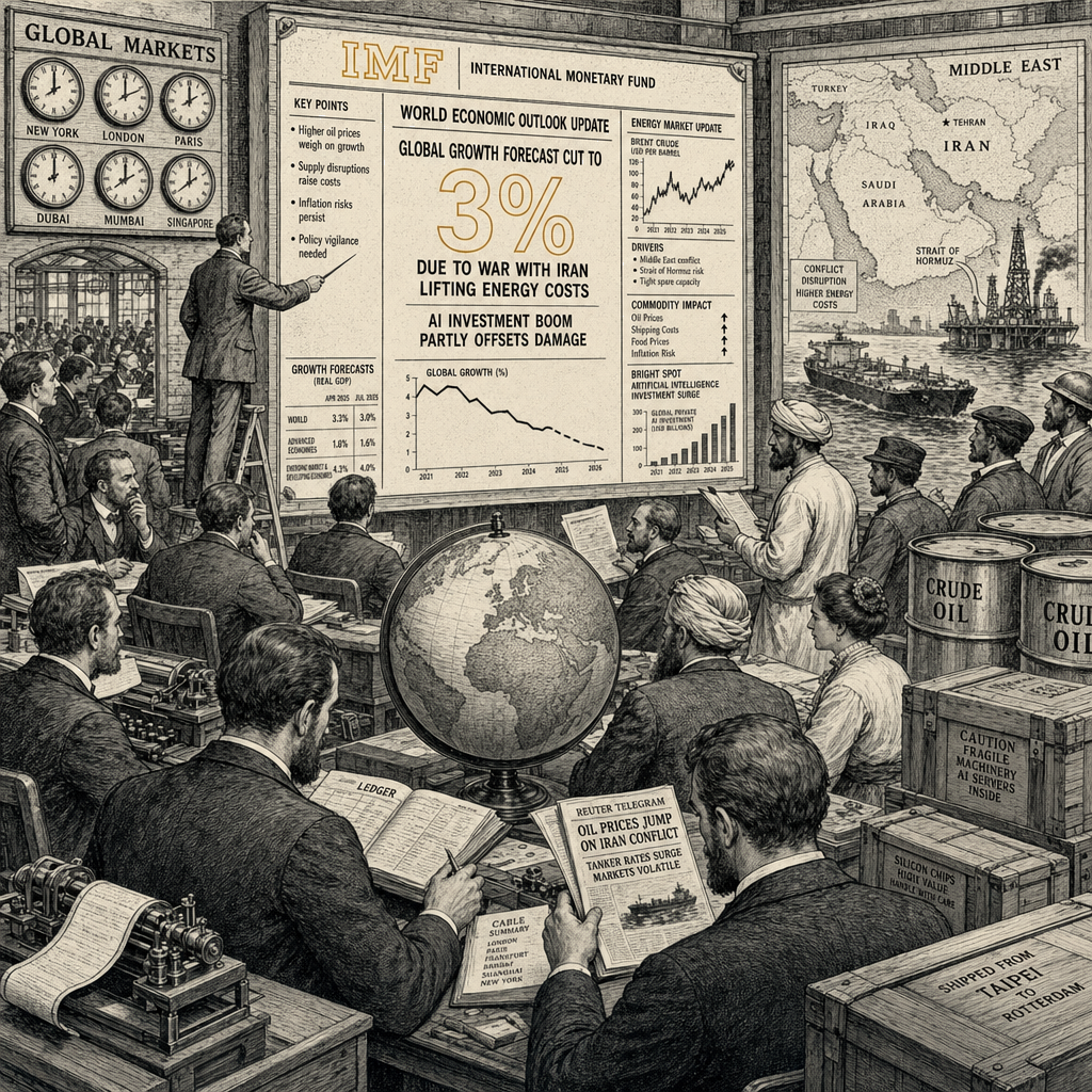 Illustration accompanying article: IMF cuts global growth forecast to 3% as Iran war lifts energy costs