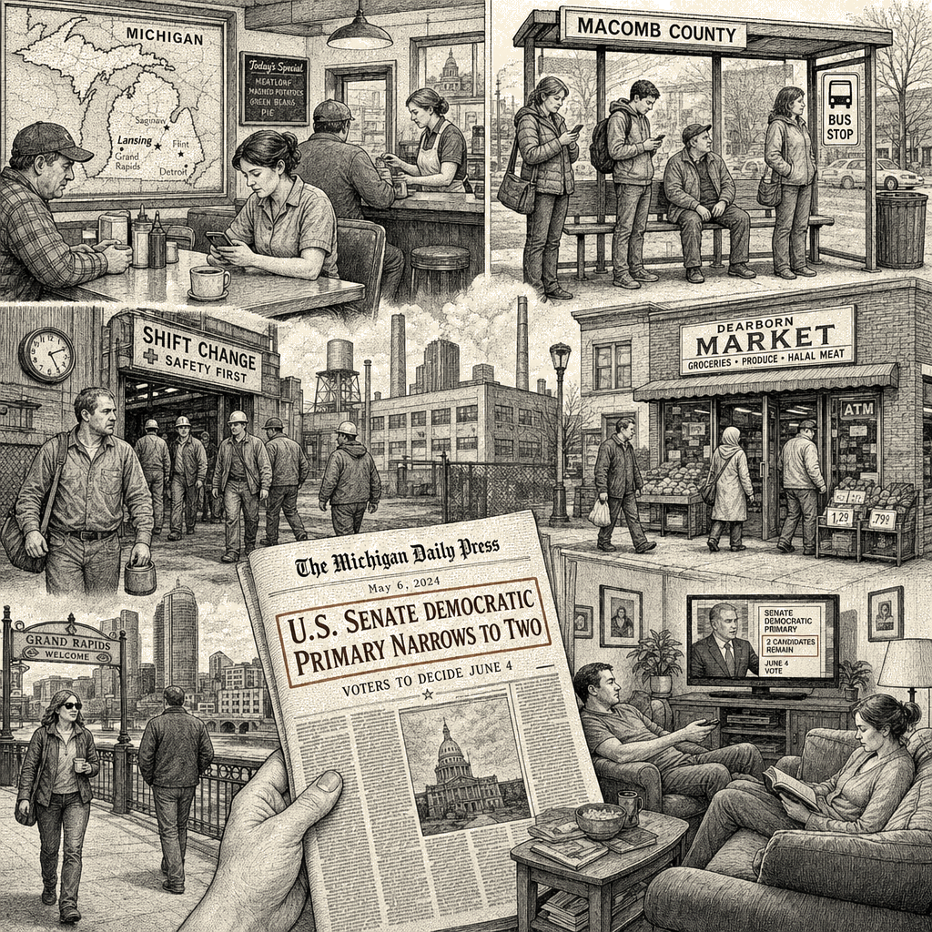 Illustration accompanying article: Michigan voters tuned out of Senate primary as race narrows to two