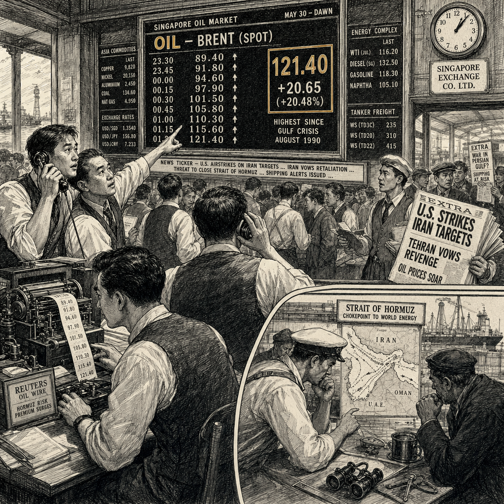 Illustration accompanying article: Oil prices jump as U.S., Iran exchange airstrikes, threaten Strait of Hormuz