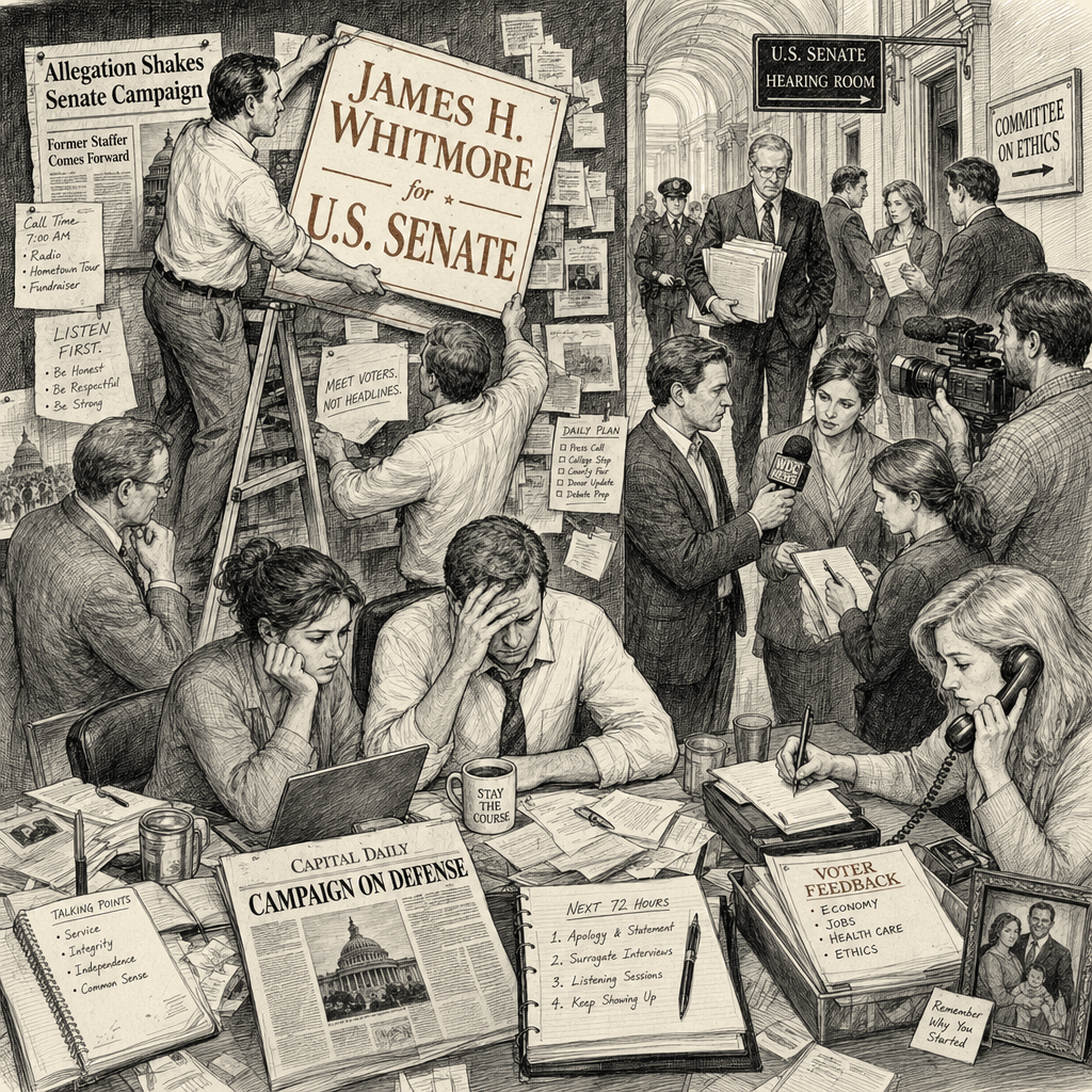 Illustration accompanying article: Platner's teetering campaign tests staying power of anti-establishment politics