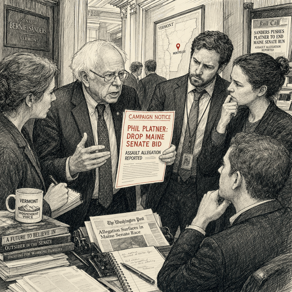 Illustration accompanying article: Sanders urges Platner to drop Maine Senate bid after assault allegation