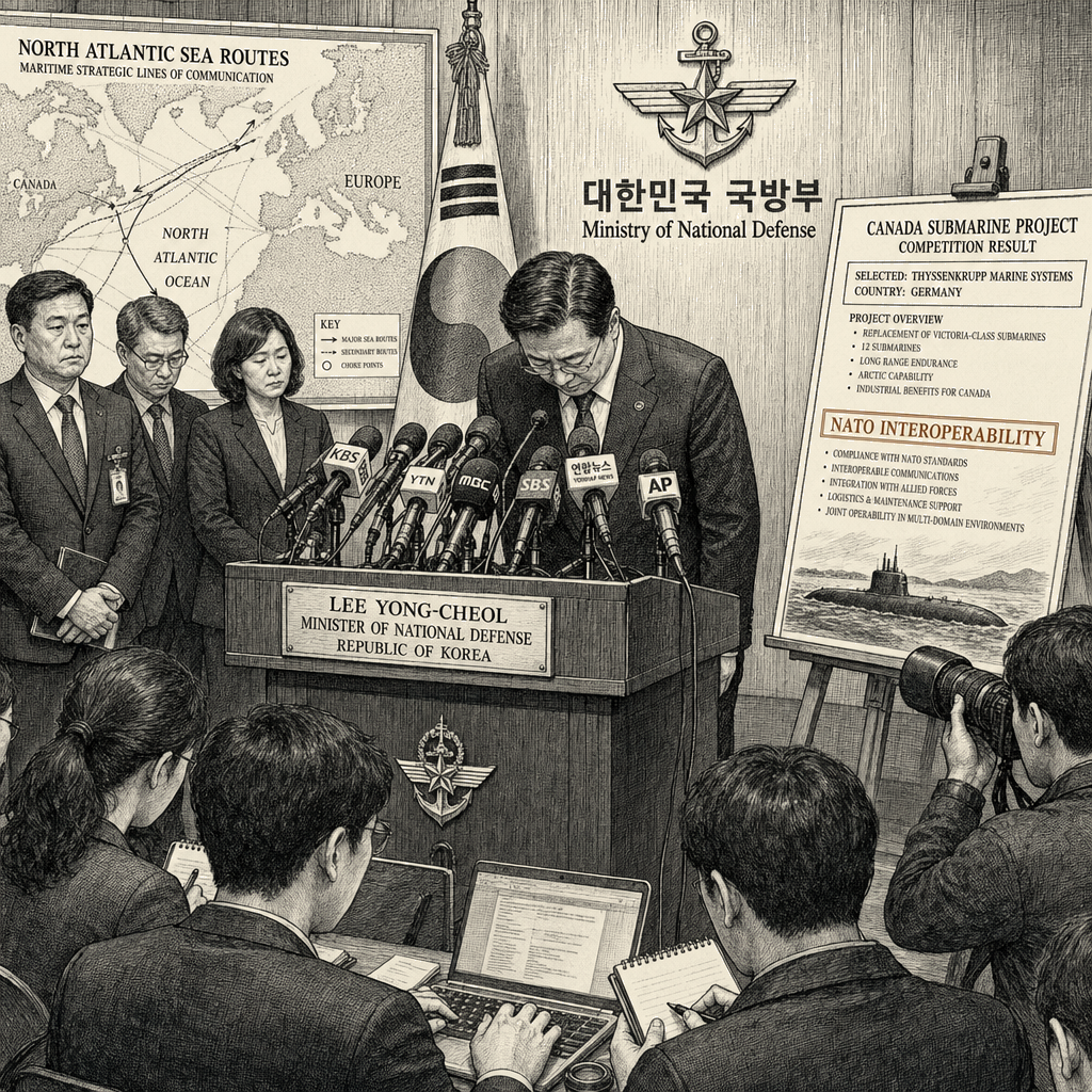 Illustration accompanying article: South Korea defense chief apologizes for losing Canada sub deal