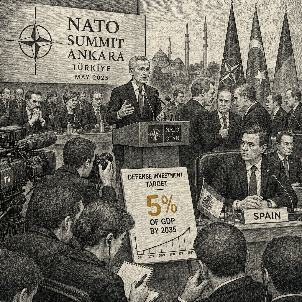 Illustration accompanying article: Spain only NATO member not committed to 5% defense target as Trump calls for trade cutoff
