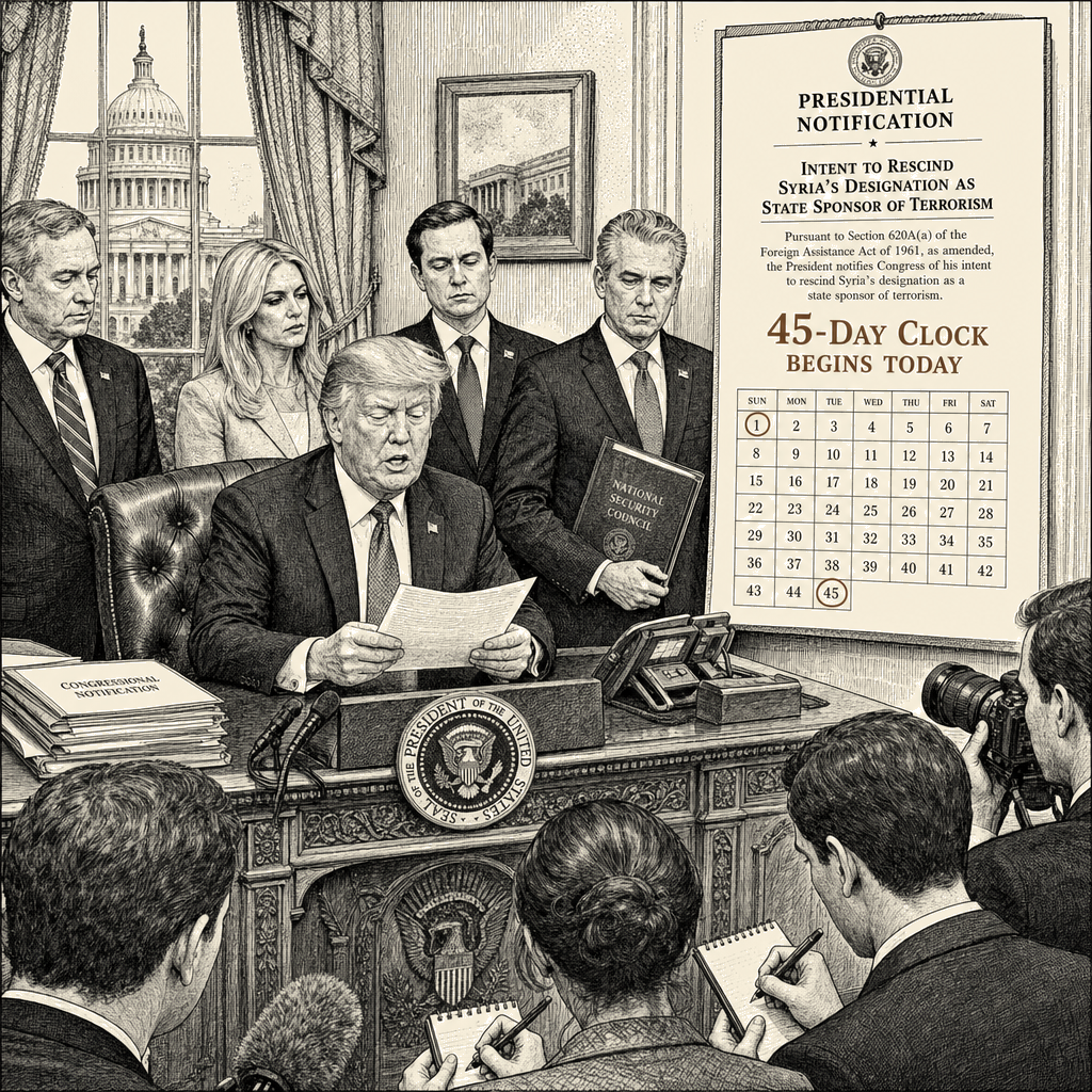Illustration accompanying article: Trump opens 45-day clock on removing Syria from terrorism list