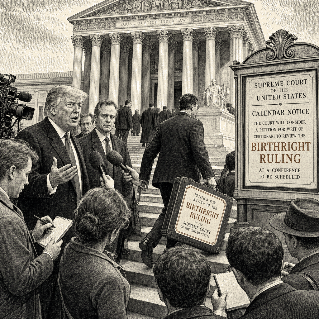 Illustration accompanying article: Trump says he will immediately ask Supreme Court to revisit birthright ruling
