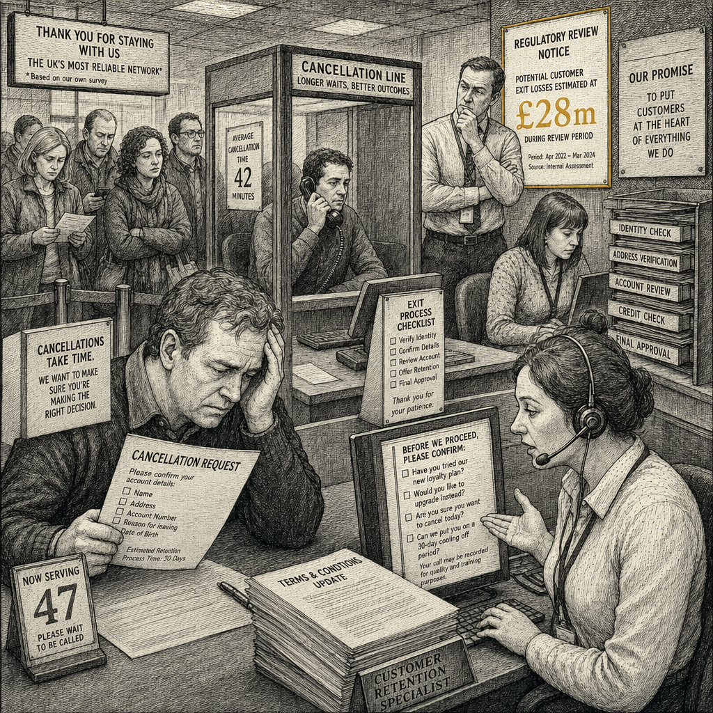 Illustration accompanying article: UK watchdog fines Virgin Media £28m for preventing customer cancellations