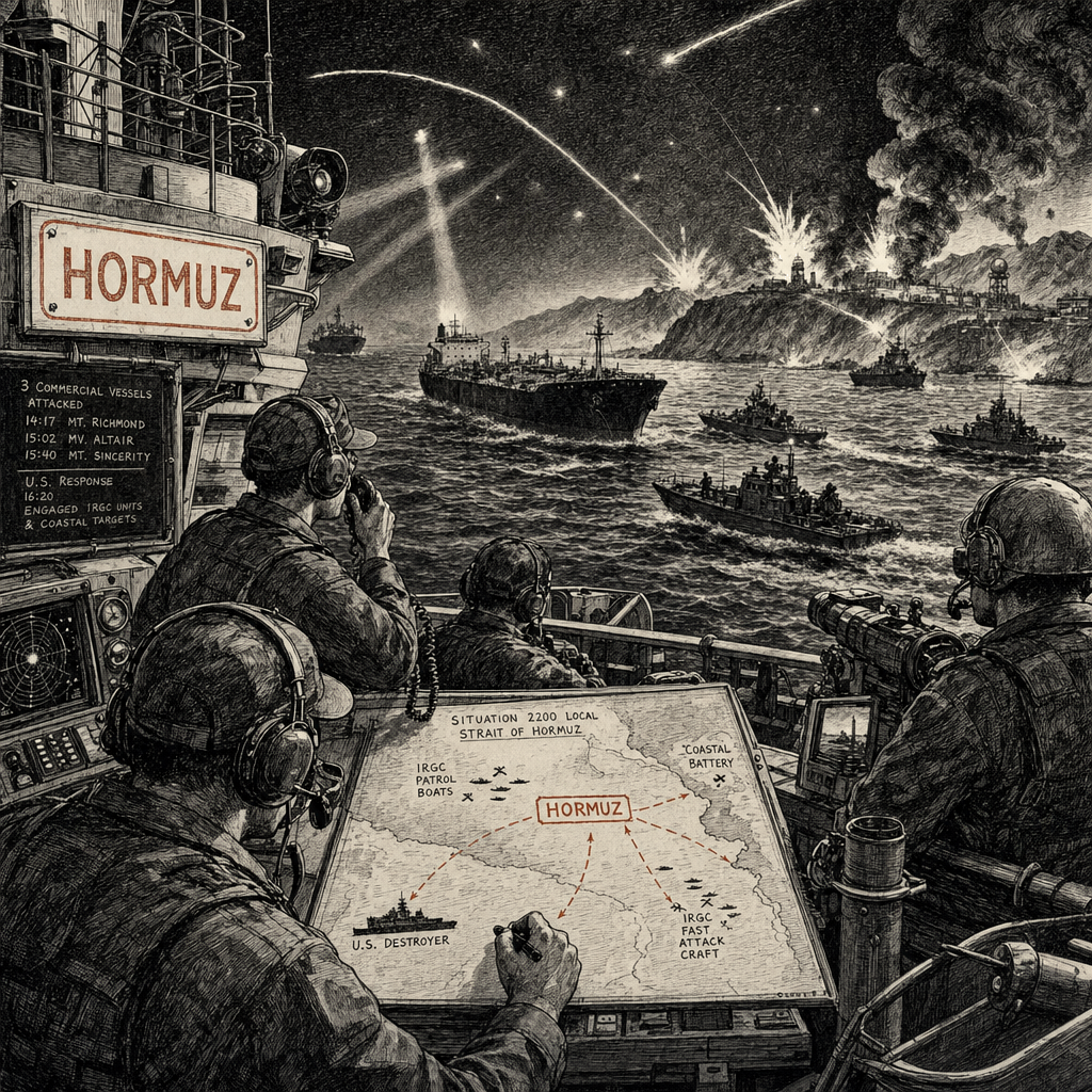 Illustration accompanying article: US strikes Iranian military sites after tanker attacks in Strait of Hormuz