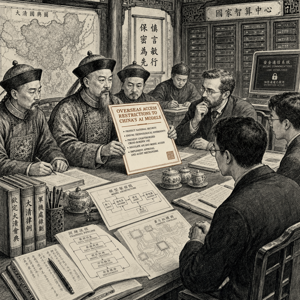 Illustration accompanying article: China weighs limits on overseas access to its AI models