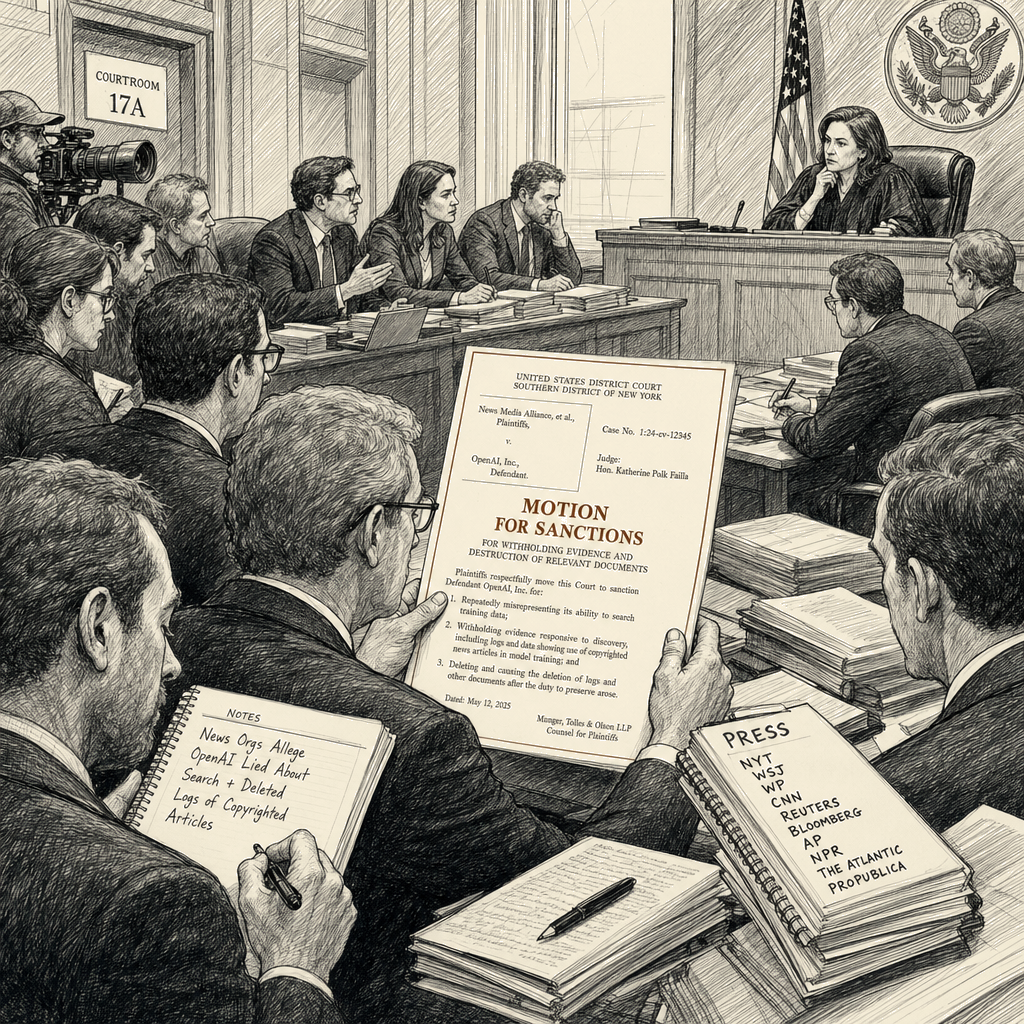 Illustration accompanying article: News organizations ask court to sanction OpenAI for withholding evidence