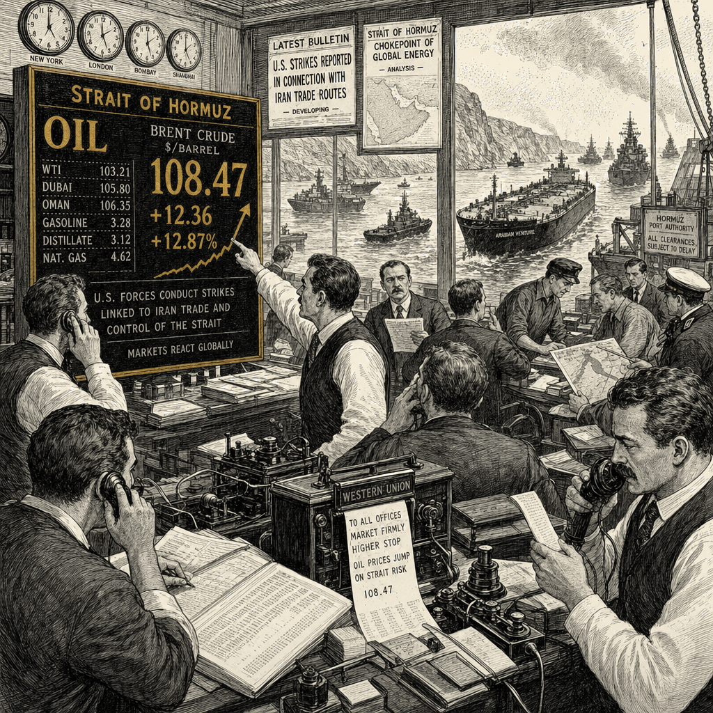 Illustration accompanying article: Oil jumps as U.S., Iran trade strikes over Strait of Hormuz control