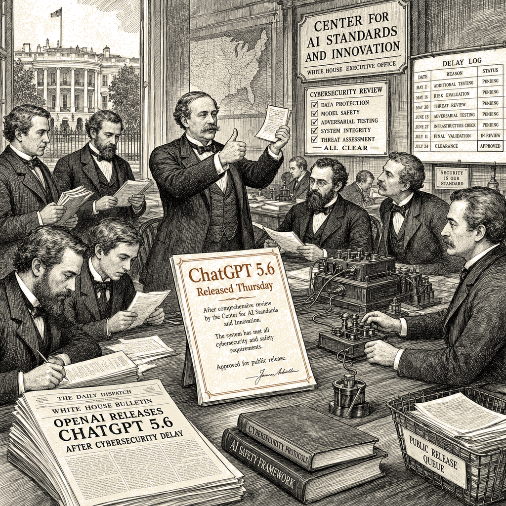 Illustration accompanying article: OpenAI releases ChatGPT 5.6 after White House cybersecurity delay