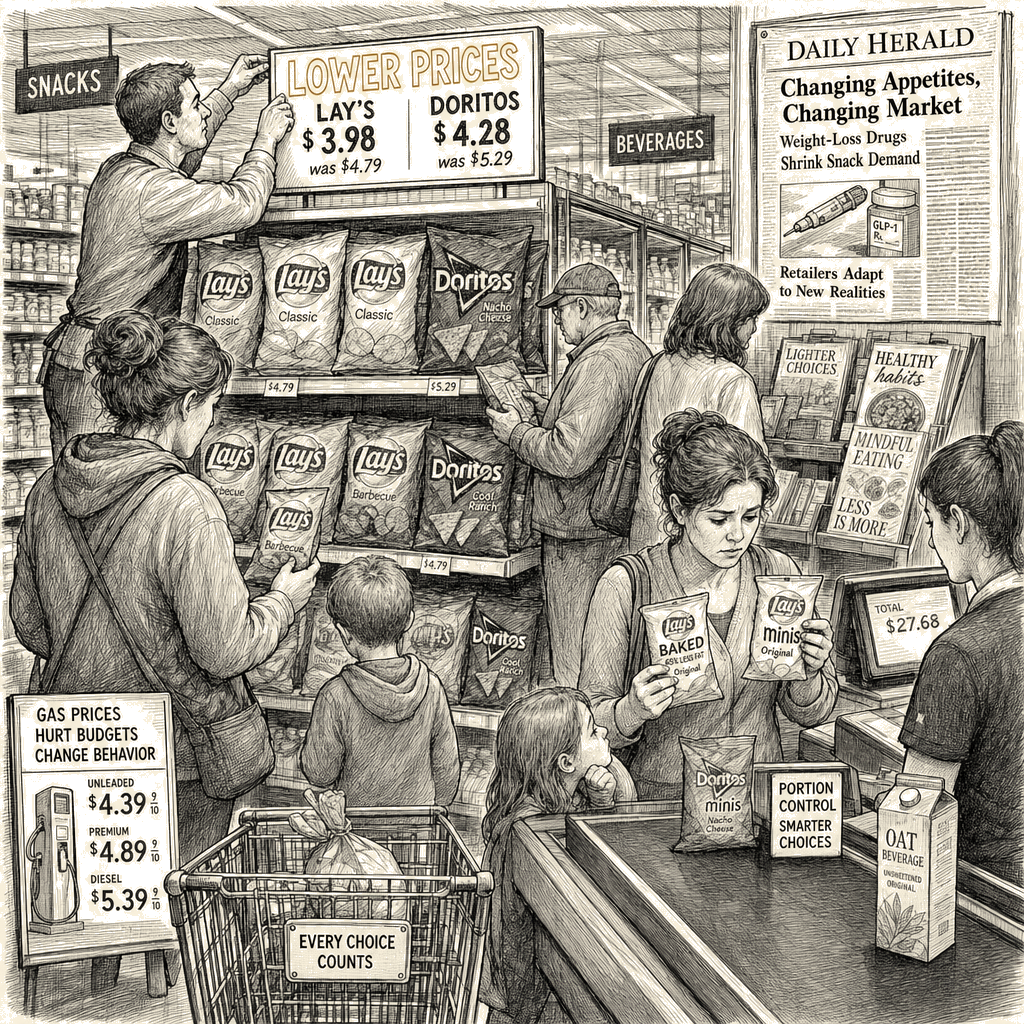 Illustration accompanying article: PepsiCo cuts snack prices, bets on portion control as GLP-1s reshape demand