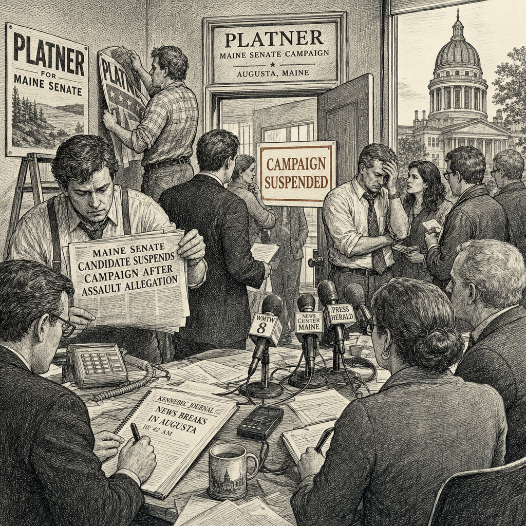 Illustration accompanying article: Platner suspends Maine Senate campaign after assault allegation