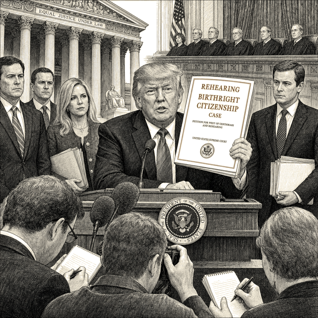 Illustration accompanying article: Trump asks Supreme Court to rehear birthright citizenship case